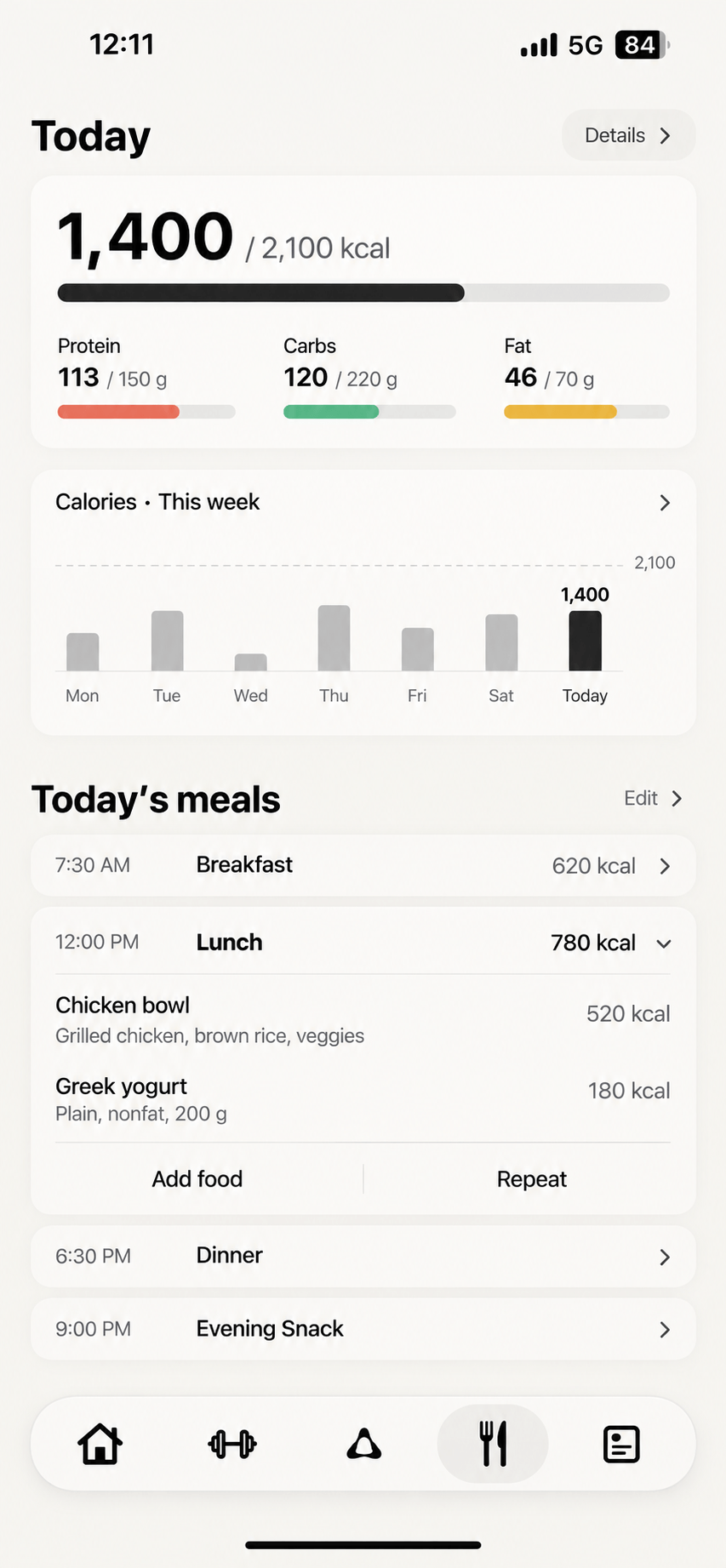 Performance Nutrition screen showing the daily intake summary, weekly calories, and meals.