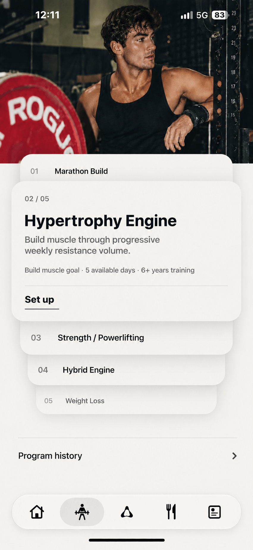Performance Programs screen showing Hypertrophy Engine and the training-program choices.